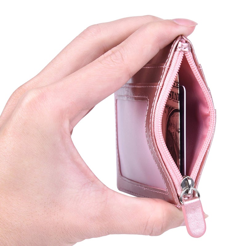 Wisdompro Badge Holder with Zip, Wisdompro 2-Sided PU Leather ID Badge Holder with 1 ID Window, 4 Card Slots, 1 Side Zipper Pocket and 1 Piece 20 Inch Leather Neck Lanyard Strap - Rose Gold (Horizontal) - Image 5